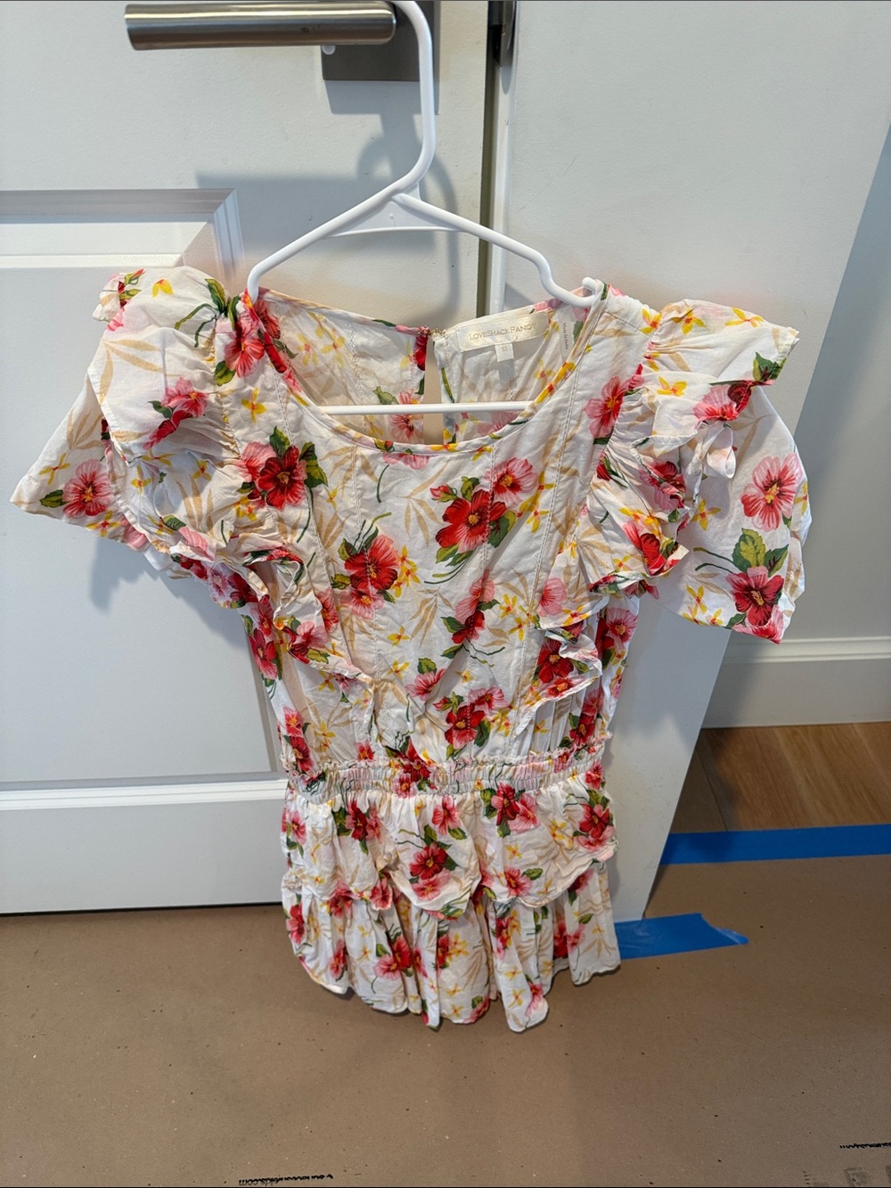 Love Shack Fancy Floral Ruffle Short Sleeve Dress White with Red Floral
